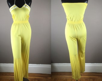 1970s Mr. Topper Yellow Jersey Halter Jumpsuit With White Accents