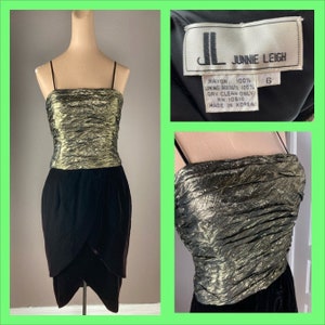 1980s Junnie Leigh Gold Lamé and Black Velvet Dress - 80s Party Dress - Small