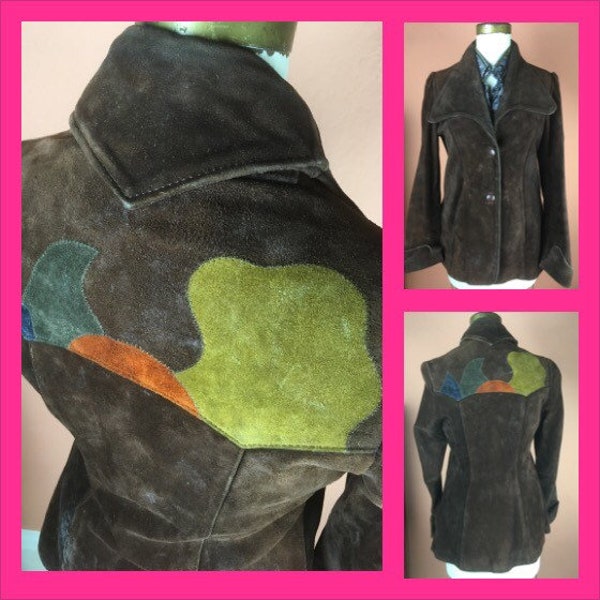 1970s Tailored Glam Suede Jacket With Colorful Patchwork Appliqué - Sherwin Sheyenne Label