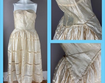 1940s / 1950s Beige Silk Strapless Dress - Small