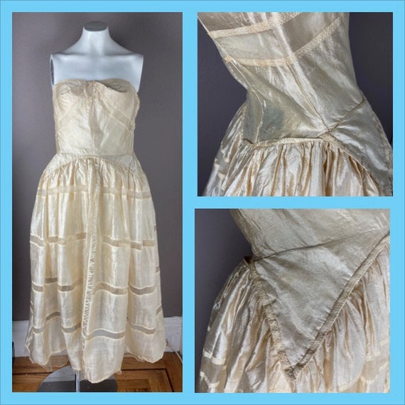 1940s / 1950s Beige Silk Strapless Dress - Small