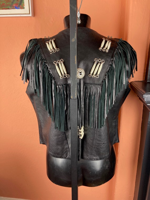 Beaded and Fringed Womens Black Tribal Leather Ve… - image 5