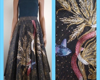 1950s Handpainted Sequined Mexican Skirt, 28" Waist