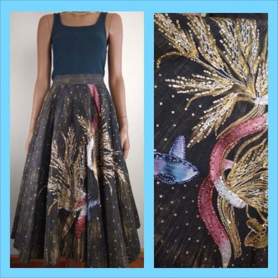 1950s Handpainted Sequined Mexican Skirt, 28" Wai… - image 1