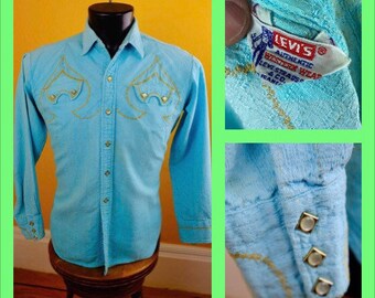 1950s Aqua Cotton Levi Strauss Shirt - Size Medium