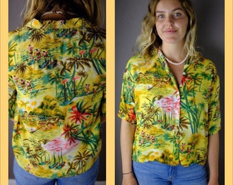 1950s/1960s Womens Yellow Rayon Hawaiian Print - Medium