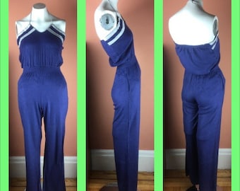 1970s NWT Mr. Topper Blue Terry Cloth Knit Halter Jumpsuit - New with Original Tag - Medium