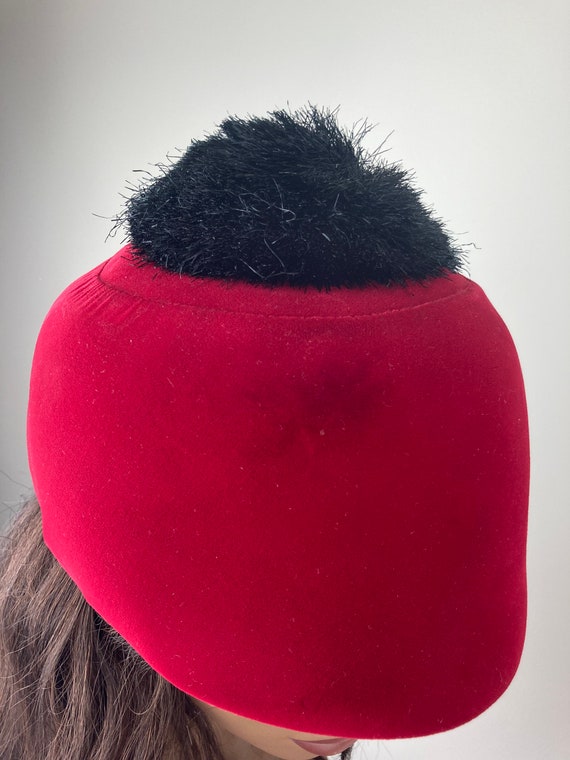 1960s Mod Red Velvet Hat with Black Pompom - image 5