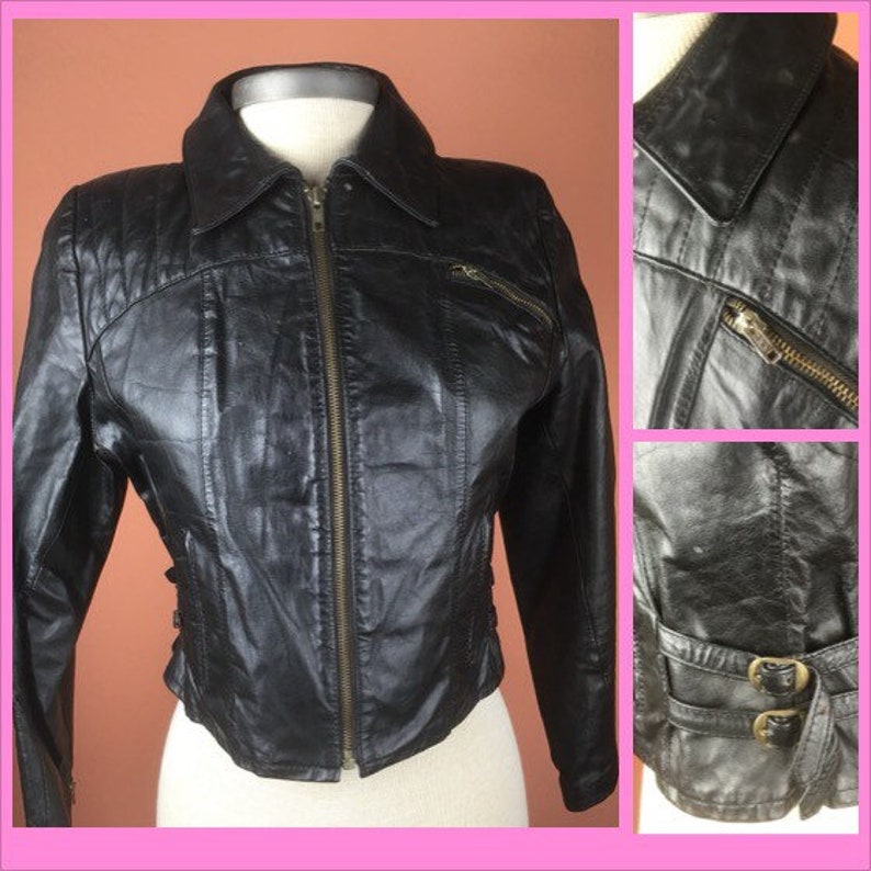 1980s Womens Black Cropped Leather Jacket image 1