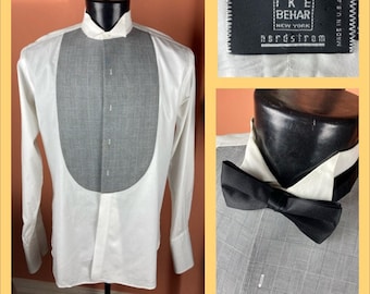 1980s Ike Behar Wing Collar Tuxedo Shirt With Patterned Bib - Large