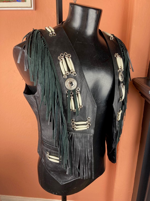 Beaded and Fringed Womens Black Tribal Leather Ve… - image 3