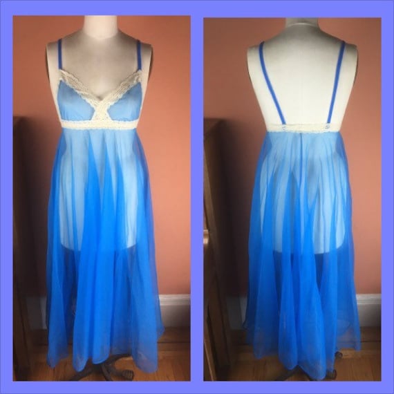 Blue 1960s Goddess Chiffon Nightgown with Empire … - image 1