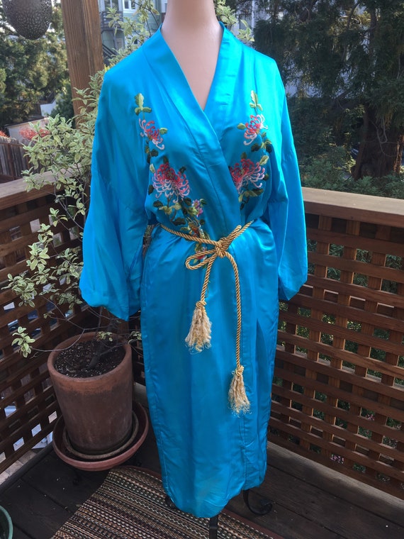 robe Dynasty teal 16 silk kimono made in Hong Kong silk kimono Vintage 60s silk robe gold