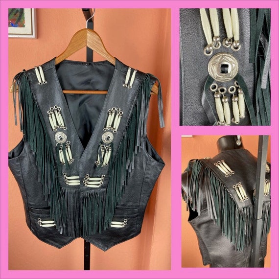 Beaded and Fringed Womens Black Tribal Leather Ve… - image 1