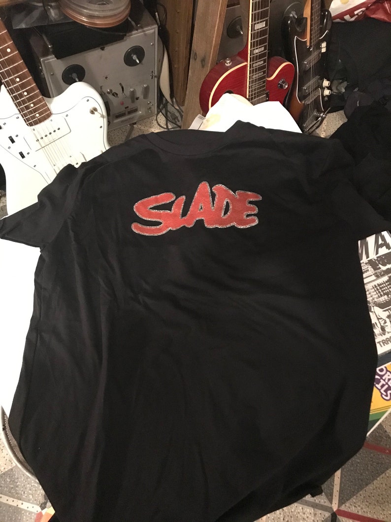 Slade T-shirt. Glam Rock Tee with red ink outlined with silver glitter, image 2