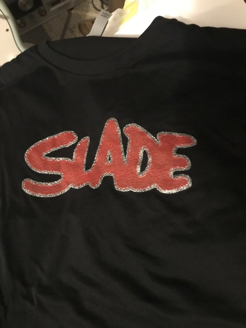 Slade T-shirt. Glam Rock Tee with red ink outlined with silver glitter, image 1