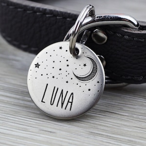 Personalized Pet Tag - Moon and Stars - Custom Dog Cat Identification Tags - Round - Made in the USA