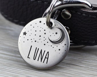 Personalized Pet Tag – Moon and Stars, Custom Engraved ID Tag