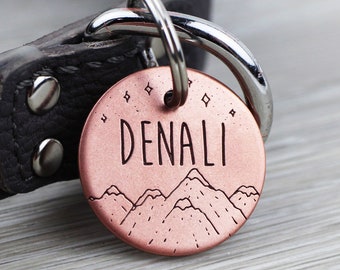 Personalized Pet ID Tag – Mountains, Night Sky Design – USA Made Metal Dog Cat Tag