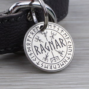 Personalized Pet Tag - Vegvisir / Viking Compass and Runes - Custom Dog Cat Identification Tags - Round - Made in the USA
