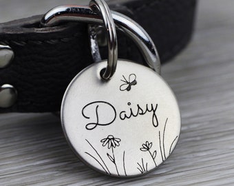 Personalized Pet Tag - Fowers & Butterfly - Custom Dog Cat Identification Tags - Round - Made in the USA