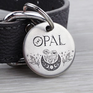 Personalized Boho Floral Lunar Cycle Pet Tag – Custom Dog Cat ID Brass Tag