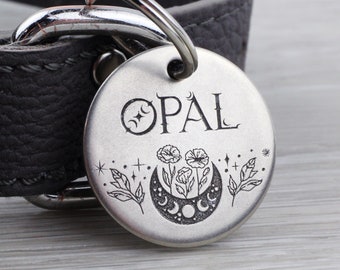 Personalized Boho Floral Lunar Cycle Pet Tag – Custom Dog Cat ID Brass Tag