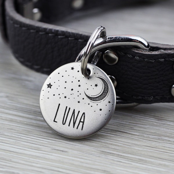 Personalized Pet Tag - Moon and Stars - Custom Dog Cat Identification Tags - Round - Made in the USA