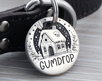 Gingerbread House Pet Tag, Christmas Snow Globe – Custom Engraved Dog Cat ID