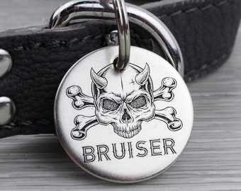 Personalized Devil Skull Dog Cat Pet ID Tag – Custom Engraved Identification Tag