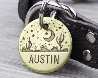 Personalized Pet Tag – Western Cactus Moon Landscape – Custom Dog Cat ID Tag