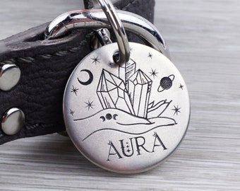 Personalized Pet Tag – Boho Crystal Hand Design, Custom Engraved ID, USA Made