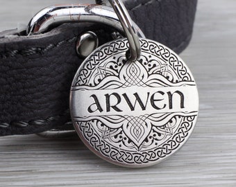 Personalized Pet Tag - Elven Scrollwork with Celtic Border - Custom Dog Cat Identification Tags - Round - Made in the USA