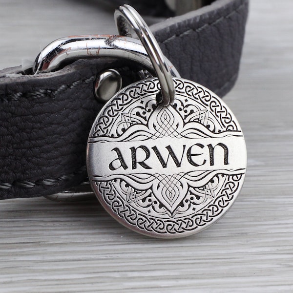 Personalized Pet Tag - Elven Scrollwork with Celtic Border - Custom Dog Cat Identification Tags - Round - Made in the USA