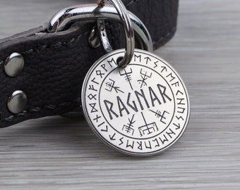 Personalized Pet Tag - Vegvisir / Viking Compass and Runes - Custom Dog Cat Identification Tags - Round - Made in the USA