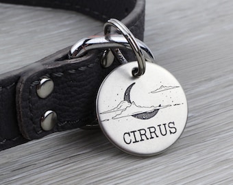 Personalized Pet Tag - Crescent Moon and Clouds - Custom Dog Cat Identification Tags - Round - Made in the USA