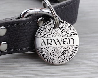 Personalized Pet Tag - Elven Scrollwork with Celtic Border - Custom Dog Cat Identification Tags - Round - Made in the USA