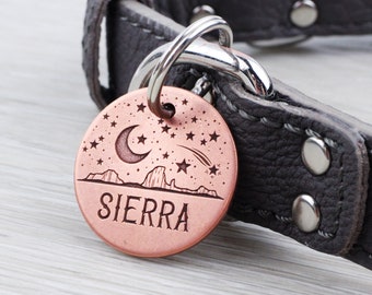 Personalized Pet Tag - Western Desert Mountain Landscape - Custom Dog Cat Identification Tags - Round - Made in the USA