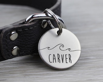 Personalized Pet Tag - Surfer/Beach Waves - Custom Dog Cat Identification Tags - Round - Made in the USA