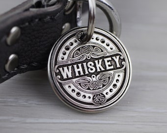 Personalized Pet Tag - Vintage Liquor Label - Whiskey, Gin, Tequilla, etc - Custom Dog Cat Identification Tags - Round - Made in the USA