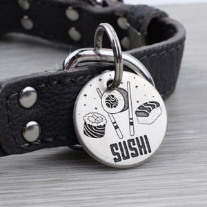 Personalized Pet Tag - Sushi with Chopsticks - Custom Dog Cat Identification Tags - Round - Made in the USA