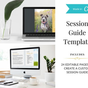 May include: A digital template for a session guide, with a laptop and desktop computer displaying the guide's pages. The guide includes 24 editable pages to create a custom session guide. The text "Session Guide Template" is displayed in a large font on a blue background. The text "INCLUDES" is displayed in a smaller font on a white background. The text "24 EDITABLE PAGES TO CREATE A CUSTOM SESSION GUIDE" is displayed in a smaller font on a white background.