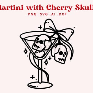 チェリー スカル付きマティーニ SVG ファイル、コケット SVG、リボン付きマティーニ SVG、カット ファイル cricut、シルエット、SVG