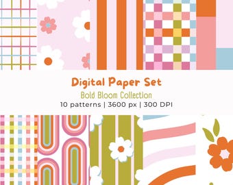 May include: A digital paper set with the text "Digital Paper Set Bold Bloom Collection". The image shows 10 patterns with diverse designs, including floral, stripes, and geometric shapes. Colours include pink, orange, green, and blue.
