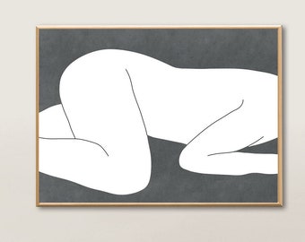 Impresión de arte de línea corporal abstracta, arte de línea corporal de mujer desnuda, arte de pared imprimible en colores neutros minimalistas, boceto corporal, dibujo femenino de 32x24