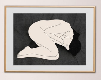 Impresión de dibujo minimalista de mujer dormida desnuda, arte de pared imprimible de figura de cuerpo minimalista, arte de línea desnuda femenina blanca negra, dibujo de 32x24