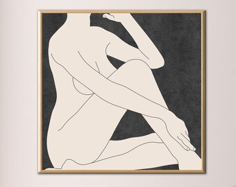 Impresión de dibujo de línea desnuda femenina minimalista cuadrada grande, arte de pared imprimible de boceto desnudo de mujer, descarga de dibujo desnudo de tonos neutros