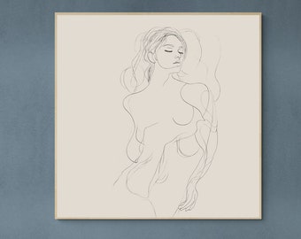 Woman line drawing, Original minimalist drawing wall art, Large carbon pencil drawing on paper, Female sketch drawing for instant download