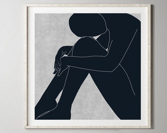 Lámina artística minimalista de cuerpo de mujer: azul oscuro y gris (descarga digital)