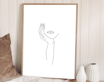 Dibujo de líneas femeninas minimalistas a mano y cara, arte de pared imprimible con dibujo minimalista en blanco y negro para descarga instantánea, impresión de arte lineal de 16x24